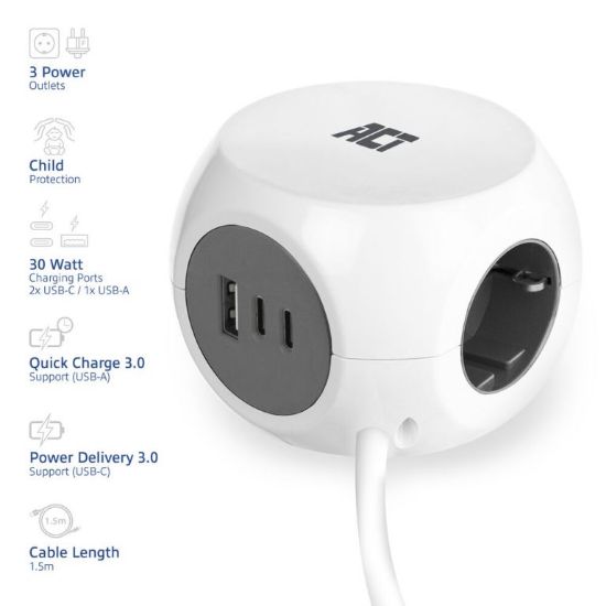 Εικόνα της ΠΟΛΥΠΡΙΖΟ 3X με 1xUSB-A & 2xTYPE-C 30W καλ 1.5m powercube