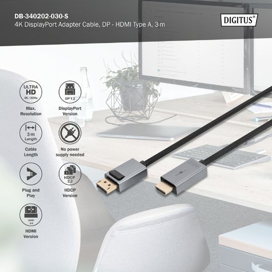 Εικόνα της ΚΑΛΩΔΙΟ DisplayPort 1.2 M/HDMI 2.0 M 3m