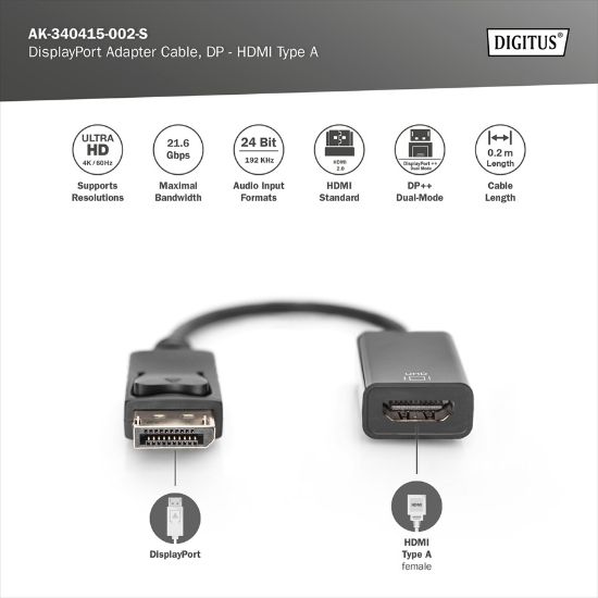 Εικόνα της Adapter DisplayPort 1.2 M / HDMI 2.0 F 4096x2160@60Hz Active